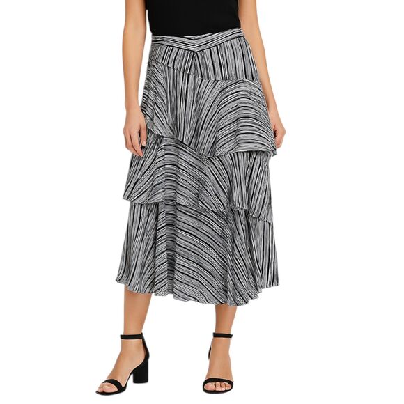 INC Size 10 Black and White Striped Midi Skirt Tiered Handkerchief Hem Party - Picture 1 of 12